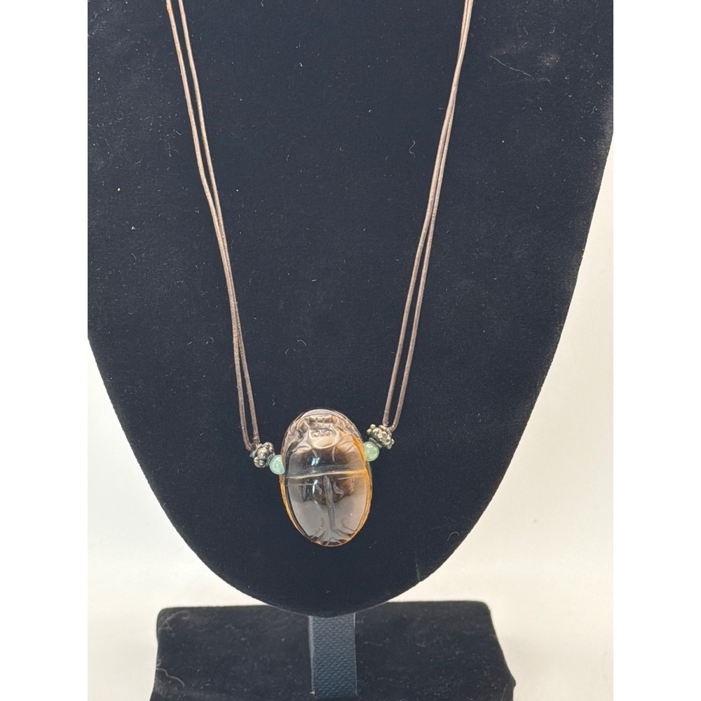 Hand Carved Tigers Eye Scarab Pendant Necklace 925 Sterling Clasp Leather Cord